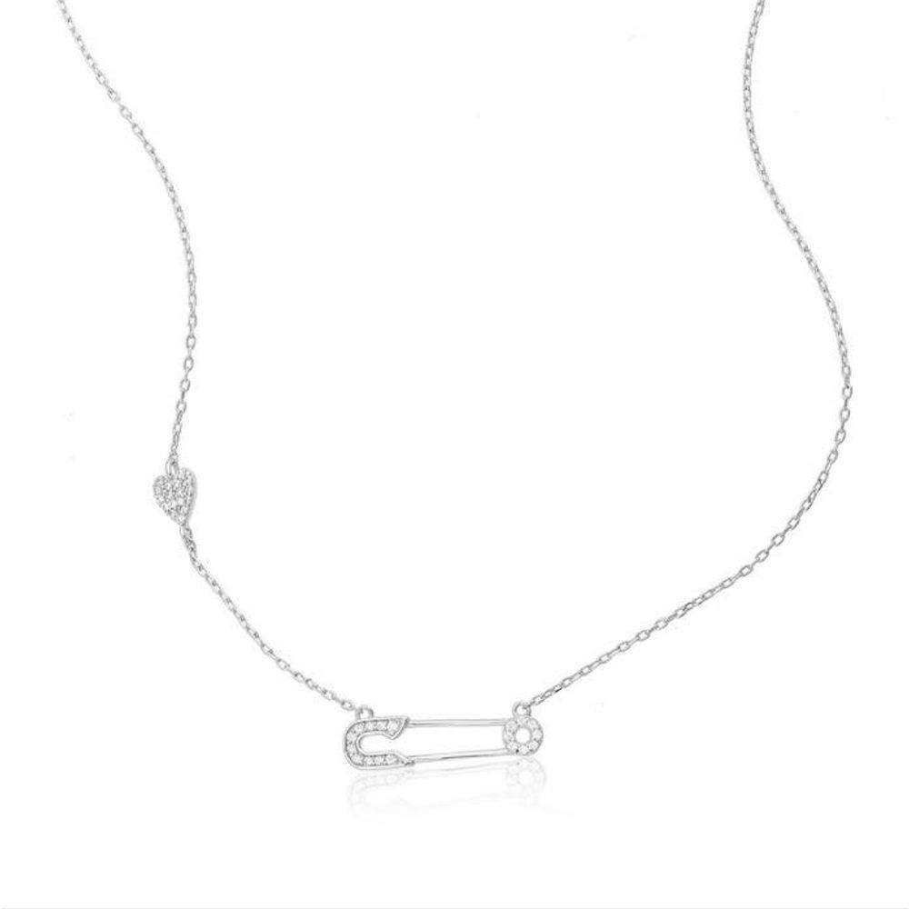 Swarovski Rhodium Plated Sterling Silver Safety Pin and Heart Necklace